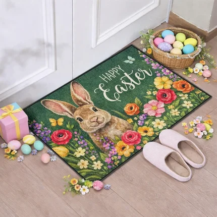 Easter Doormat Featuring Cute Bunny Surrounded by Vibrant Flowers and Happy Easter Message Perfect for Spring Holiday Decor 2026 - 16.49