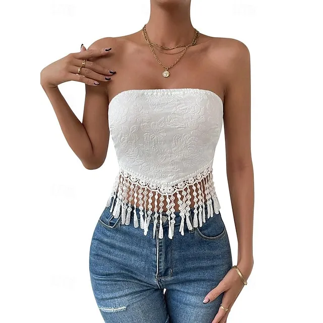 Tube Top Women's White Yellow Pink Floral Tassel Street Daily Fashion S