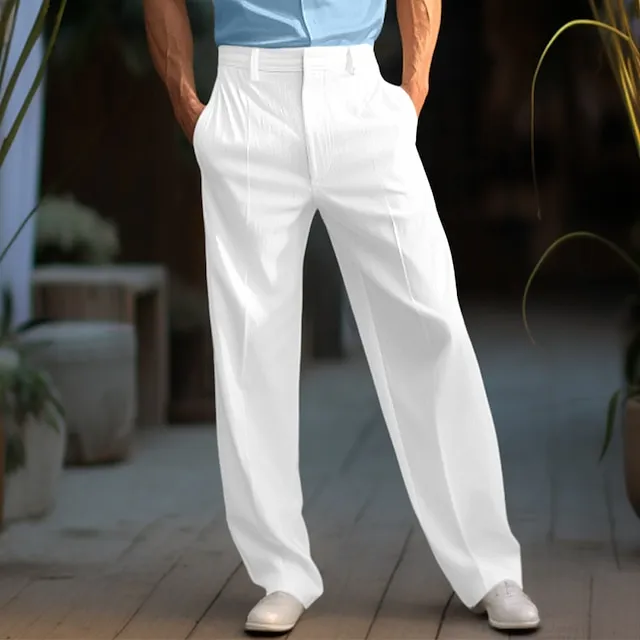 Men's Linen Pants Trousers Summer Pants Beach Pants Front Pocket Straight Leg Plain Comfort Breathable Formal Business Daily Linen Cotton Blend Fashion Basic White Blue