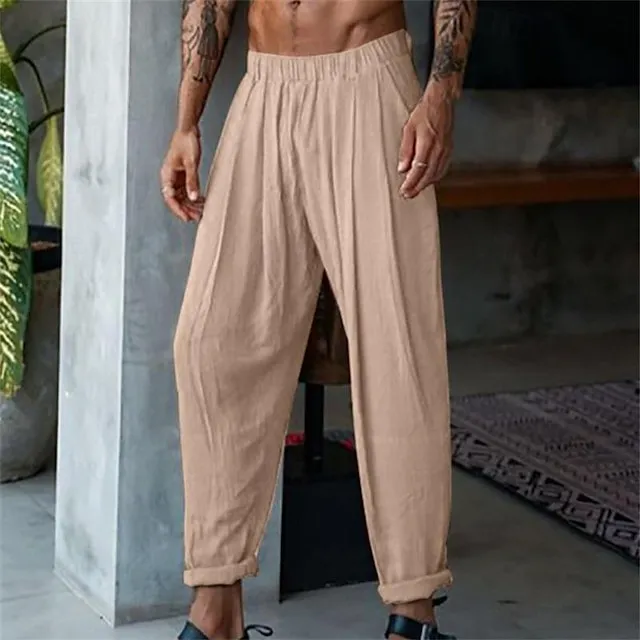 Men's Linen Pants Trousers Summer Pants Beach Pants Pocket Elastic Waist Plain Comfort Breathable Daily Holiday Vacation Hawaiian Boho Black Blue