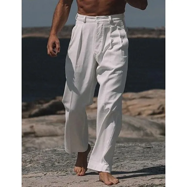 Men's Linen Pants Trousers Summer Pants Button Front Pocket Straight Leg Plain Comfort Breathable Casual Daily Holiday Linen Cotton Blend Fashion Basic White