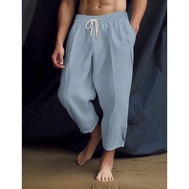 Men's Linen Pants Trousers Summer Pants Drawstring Elastic Waist Straight Leg Plain Comfort Breathable Casual Daily Holiday Linen Cotton Blend Fashion Classic Style Black White