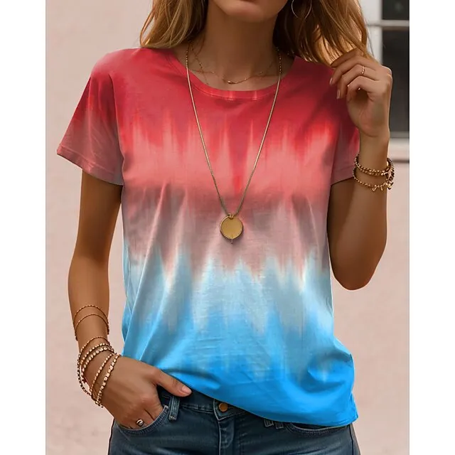 Women's T shirt Tee Color Gradient Daily Weekend Red Blue Purple Print Short Sleeve Fashion Crew Neck Regular Fit Summer