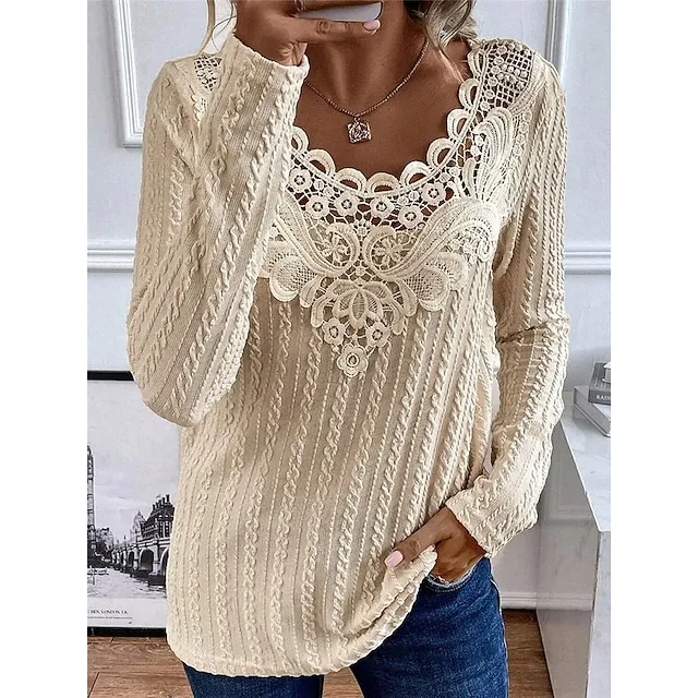 Women's Blouse Plain Casual Going out Khaki Lace Patchwork Long Sleeve Fashion Daily Round Neck Regular Fit Spring