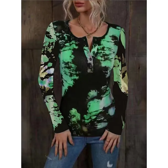 Women's T shirt Tee Henley Shirt Tie Dye Casual Pink Red Blue Print Button Long Sleeve Fashion Round Neck Regular Fit Spring & Fall