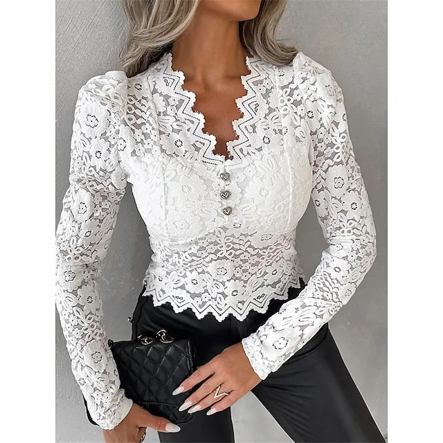 Women's Blouse Plain Casual Going out Black White Lace Patchwork Button Long Sleeve Fashion Streetwear V Neck Regular Fit Spring