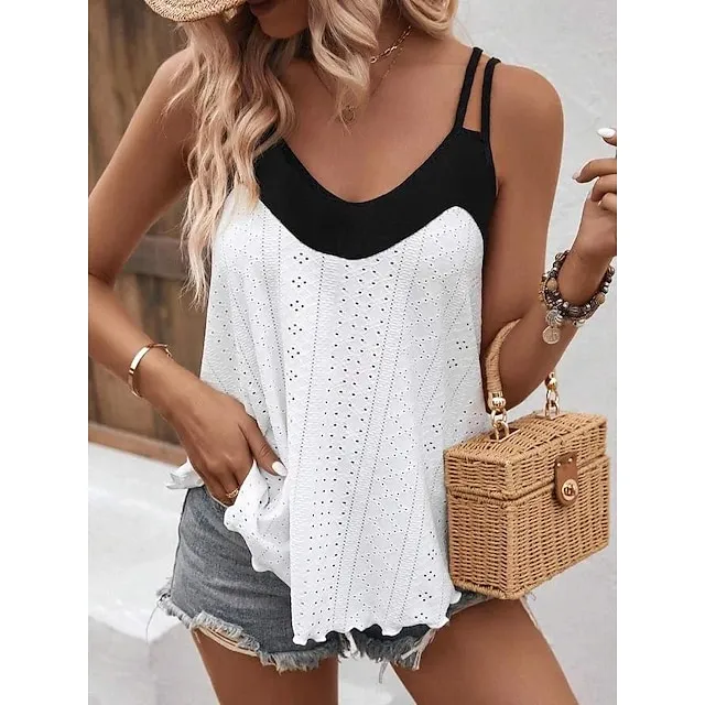 Tank Women's White Color Block Cut Out Street Daily Fashion Spaghetti Strap S