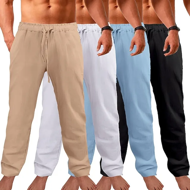 Men's Linen Pants Trousers Summer Pants Beach Pants Pocket Drawstring Elastic Waistband Plain Breathable Full Length Daily Linen / Cotton Blend Fashion Casual Loose Fit Apricot Black