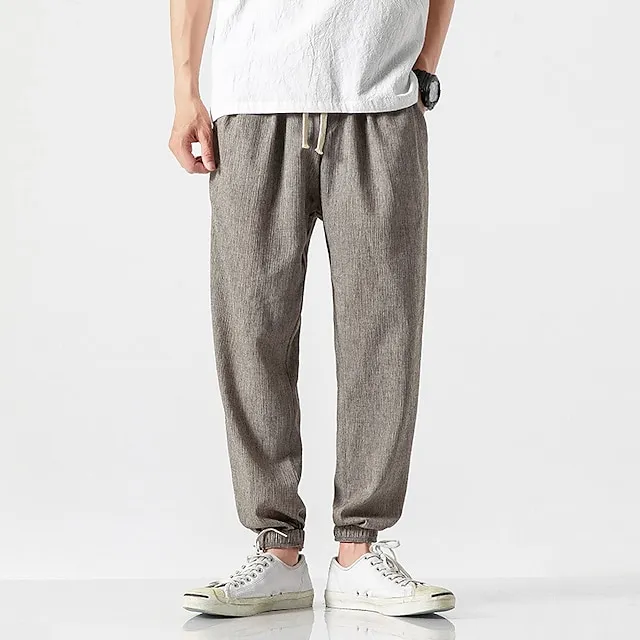 Men's Joggers Linen Pants Trousers Summer Pants Beach Pants Drawstring Elastic Waist Plain Lightweight Daily Going out Linen / Cotton Blend Fashion Classic Loose Fit Black off-white