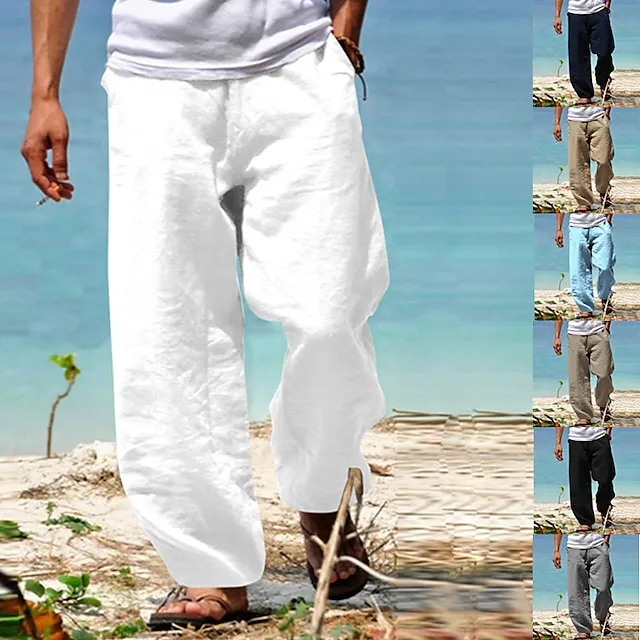 Men's Linen Pants Trousers Summer Pants Beach Pants Elastic Waist Wide Leg Straight Leg Plain Breathable Soft Casual Daily Beach Linen / Cotton Blend Fashion Streetwear Loose Fit Black White