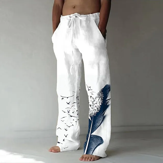 Men's Linen Pants Trousers Summer Pants Beach Pants Drawstring Side Pockets Elastic Waist Graphic Prints Feather Breathable Lightweight Daily Yoga For Vacation Casual Chinoiserie White Blue