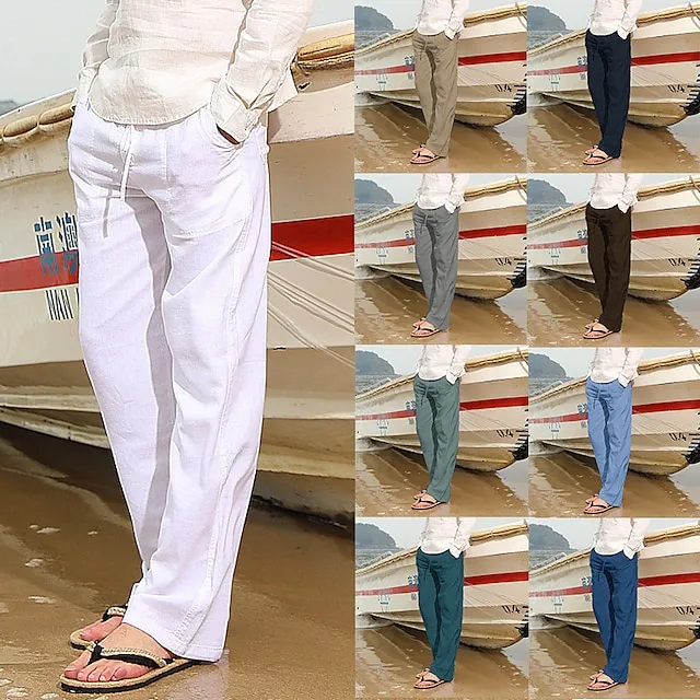 Men's Linen Pants Trousers Summer Pants Drawstring Elastic Waist Straight Leg Plain Comfort Breathable Casual Daily Linen / Cotton Blend Fashion Hawaiian Black White