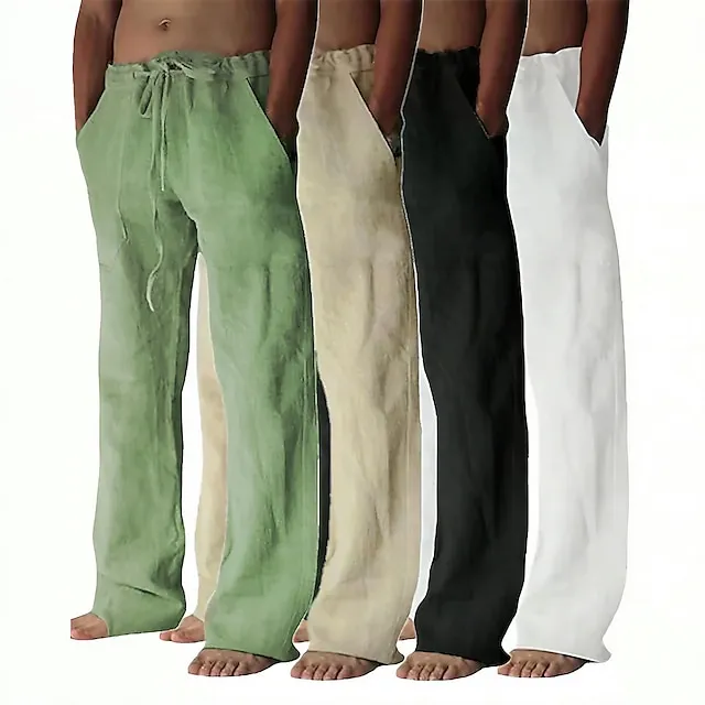 Men's Linen Pants Trousers Summer Pants Pocket Drawstring Plain Comfort Breathable Full Length Yoga Casual Daily Linen Cotton Blend Basic Straight Loose Fit Black White Micro-elastic