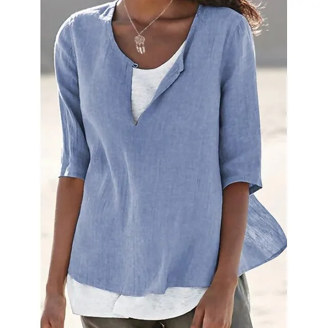 Women's Shirt Blouse Plain Holiday Blue Half Sleeve Casual Beach V Neck Regular Fit