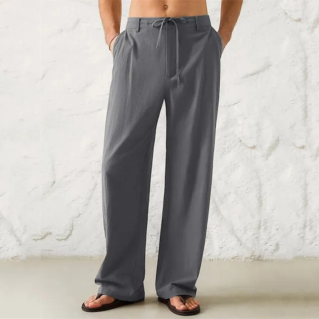 Men's Linen Pants Trousers Summer Pants Beach Pants Drawstring Wide Leg Front Pocket Plain Comfort Soft Casual Daily Linen Cotton Blend Fashion Streetwear Black White Micro-elastic