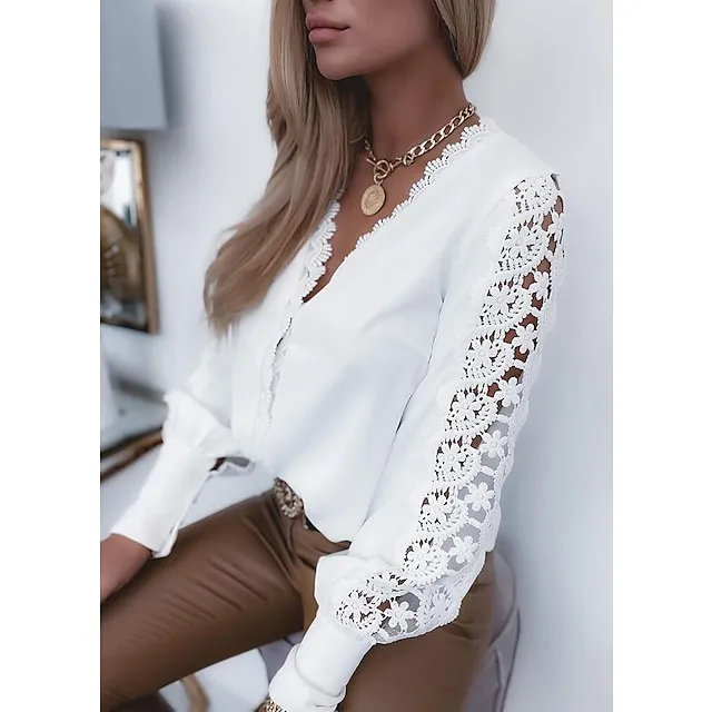 Women's Lace Shirt Blouse Solid Colored Daily White Lace Elegant Fashion Basic V Neck Spring Fall Winter