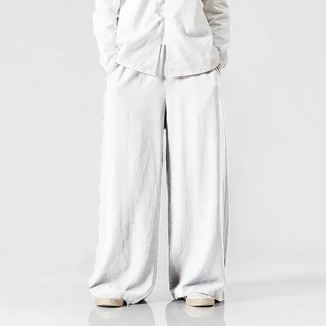 Men's Linen Pants Trousers Summer Pants Beach Pants Elastic Waist Wide Leg Flowy Plain Comfort Outdoor Daily Going out Linen / Cotton Blend Hip-Hop Yoga White Yellow