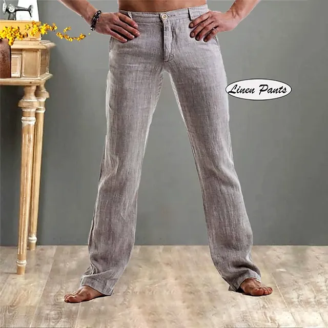 Men's Linen Pants Trousers Summer Pants Pocket Straight Leg Plain Comfort Casual Daily Holiday Linen / Cotton Blend Streetwear Stylish Black White