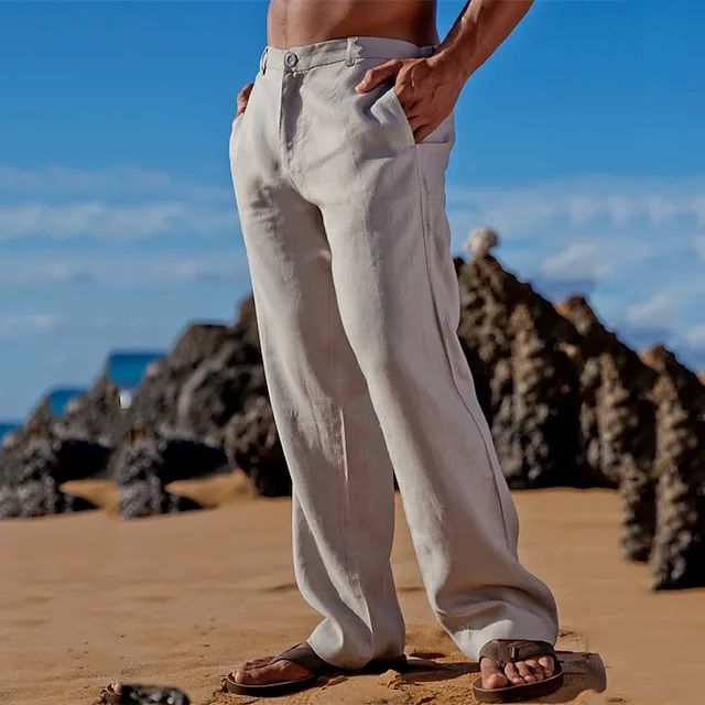 Men's Linen Pants Trousers Summer Pants Beach Pants Straight Leg Plain Comfort Outdoor Casual Daily Linen / Cotton Blend Basic Streetwear Black White
