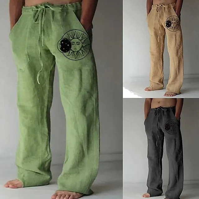 Men's Linen Pants Trousers Summer Pants Beach Pants Pocket Drawstring Print Sun Graphic Prints Comfort Outdoor Daily Going out Linen / Cotton Blend Streetwear Stylish White Yellow