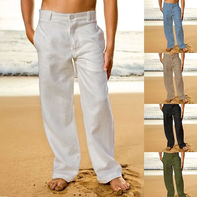 Men's Linen Pants Trousers Summer Pants Beach Pants Front Pocket Straight Leg Plain Comfort Breathable Casual Daily Holiday Linen / Cotton Blend Fashion Basic Black White