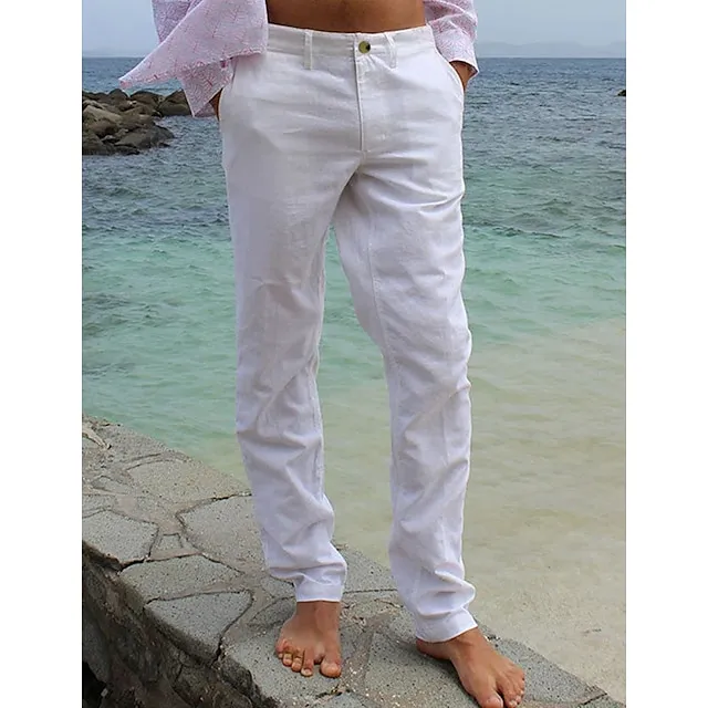 Men's Linen Pants Trousers Summer Pants Pocket Plain Comfort Breathable Outdoor Daily Going out Linen / Cotton Blend Fashion Streetwear Black White