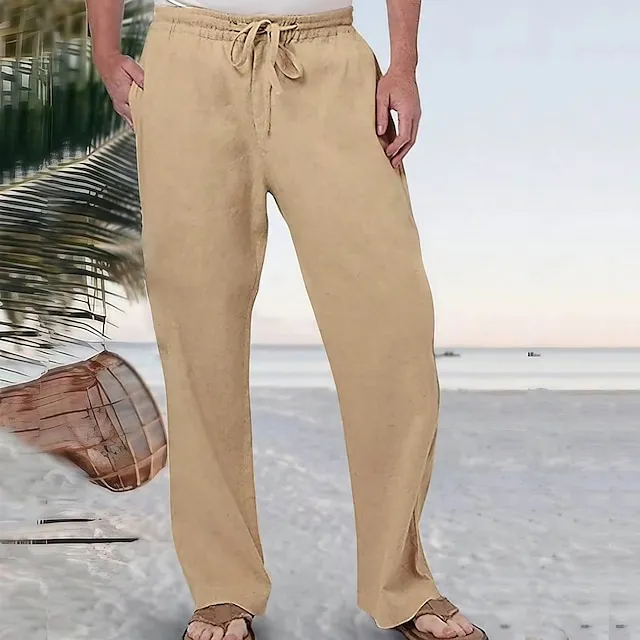 Men's Linen Pants Trousers Summer Pants Pocket Plain Comfort Breathable Outdoor Daily Going out Linen / Cotton Blend Fashion Casual Black White