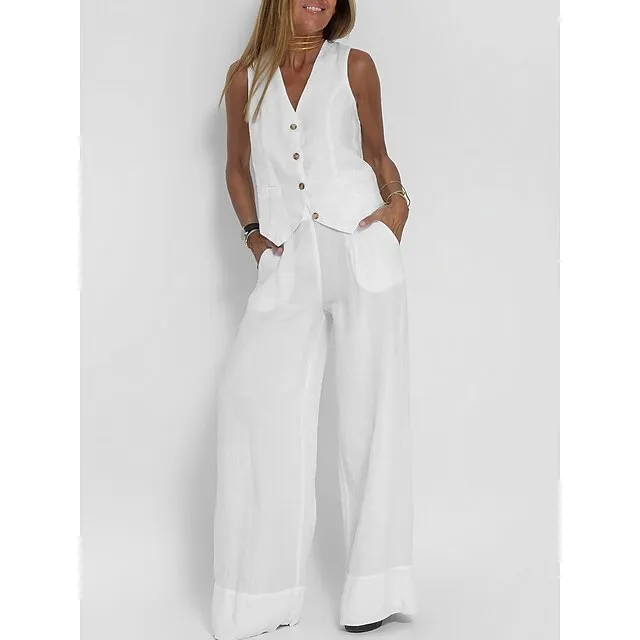 Women's Tank Top Pants Sets Plain Casual Daily White Sleeveless Streetwear V Neck Regular Fit Fall & Winter
