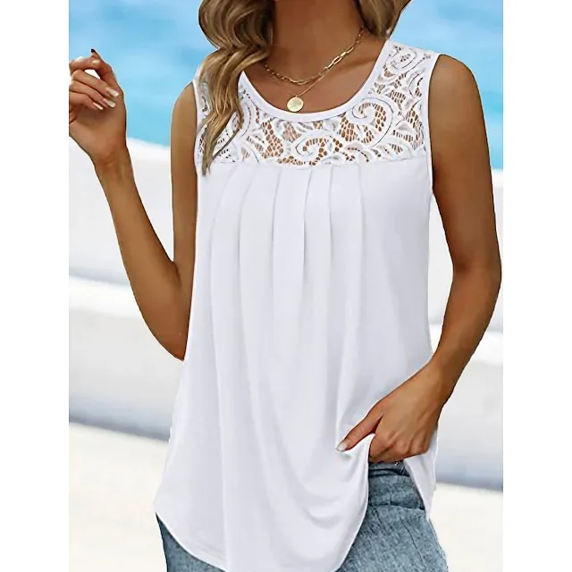 Women's Lace Shirt Tank Top Plain Casual Sleeveless White Lace Sleeveless Basic Round Neck Regular Fit