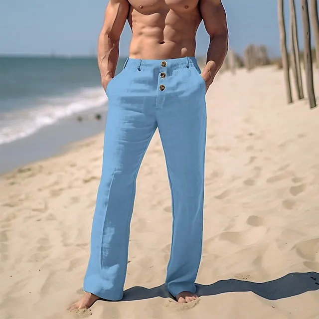 Men's Linen Pants Trousers Summer Pants Beach Pants Front Pocket Straight Leg Plain Comfort Breathable Casual Daily Holiday Linen / Cotton Blend Fashion Basic Black White