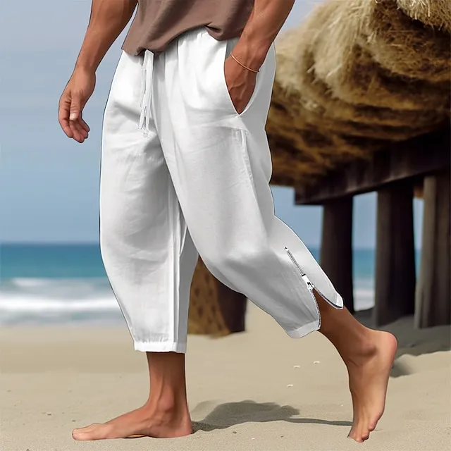 Men's Linen Pants Summer Pants Beach Pants Drawstring Elastic Waist Zip Leg Plain Comfort Breathable Casual Daily Holiday Linen / Cotton Blend Fashion Classic Style Black White
