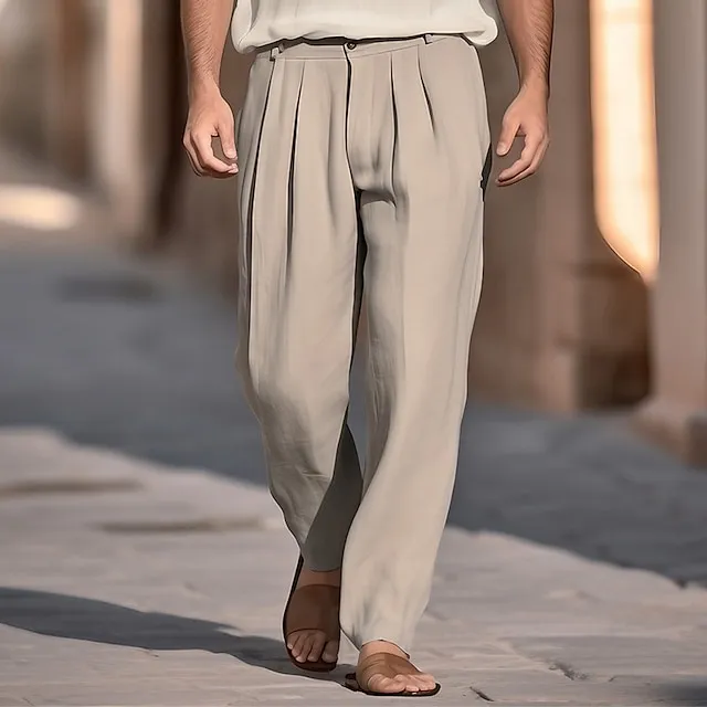 Men's Linen Pants Trousers Summer Pants Beach Pants Front Pocket Pleats Straight Leg Plain Comfort Breathable Casual Daily Holiday Linen / Cotton Blend Fashion Basic Black White