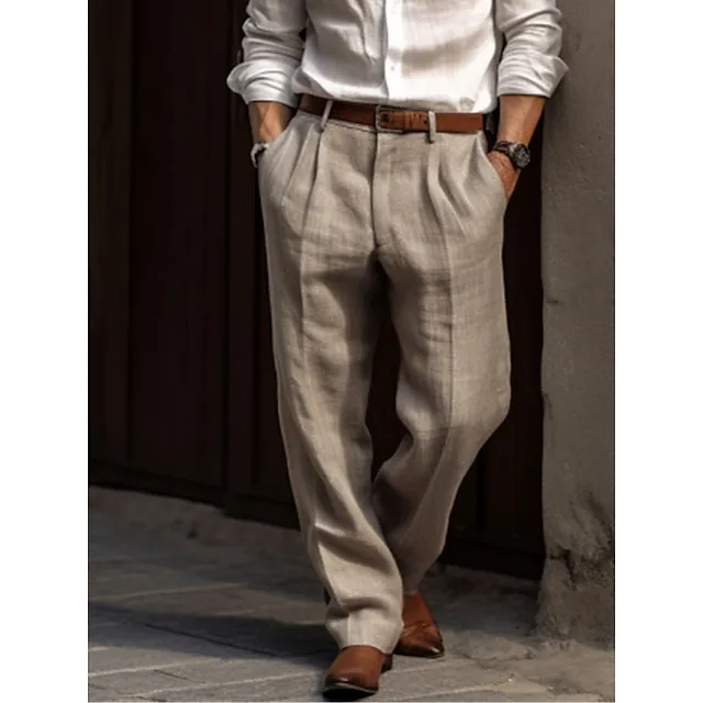 Men's Linen Pants Trousers Summer Pants Pleated Pants Front Pocket Straight Leg Plain Comfort Breathable Casual Daily Holiday Linen Cotton Blend Fashion Basic Black White