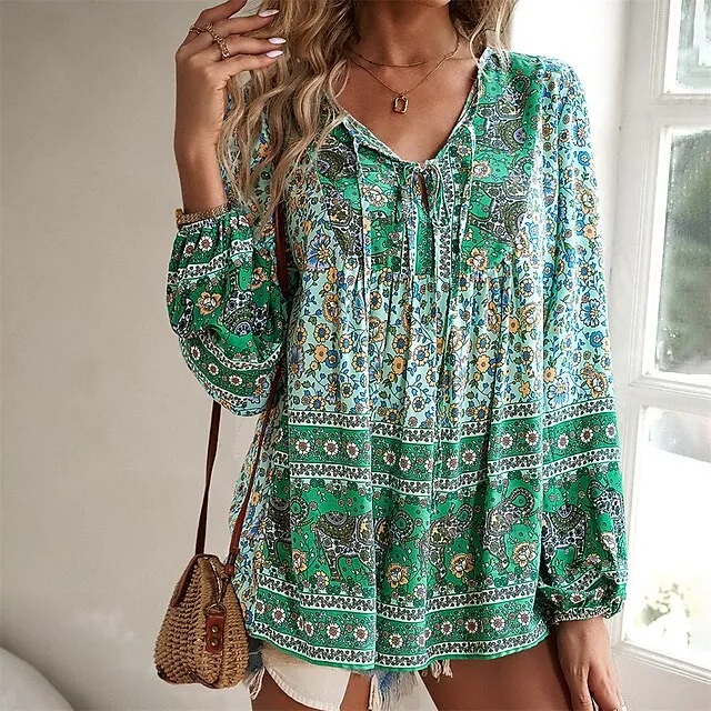 Women's Lace Shirt Shirt Blouse Floral Casual Holiday Yellow Green Print Lace up Long Sleeve Fashion V Neck Regular Fit Spring & Fall