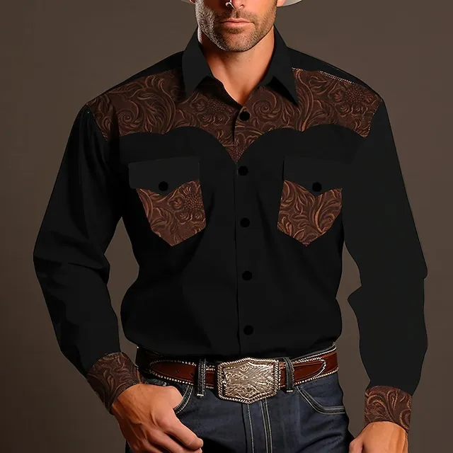 Floral Vintage western style Men's Shirt Western Shirt Outdoor Street Casual Daily Fall & Winter Turndown Long Sleeve Blue Brown S M L Shirt