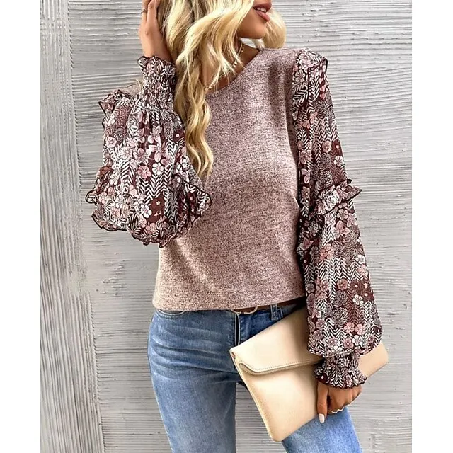 Women's Shirt Blouse Graphic Color Block Casual Black Khaki Gray Patchwork Long Sleeve Fashion Round Neck Regular Fit Spring & Fall