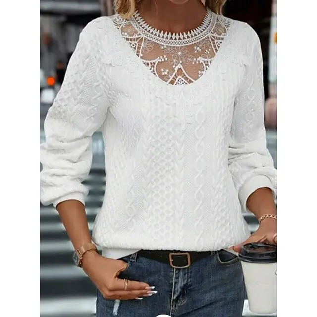 Shirt Blouse Women's White Solid Color Lace Patchwork Street Daily Fashion Daily Round Neck Textured Regular Fit S